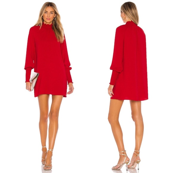 AMANDA UPRICHARD Naomi Smocked Long Sleeve Mini Dress in Scarlet Red - Picture 4 of 11